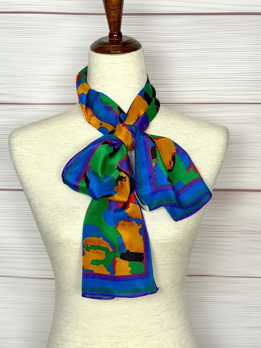 Albert Nipon Rectangle Silk Scarf Abstract Print Blue Orange Green Purple Japan